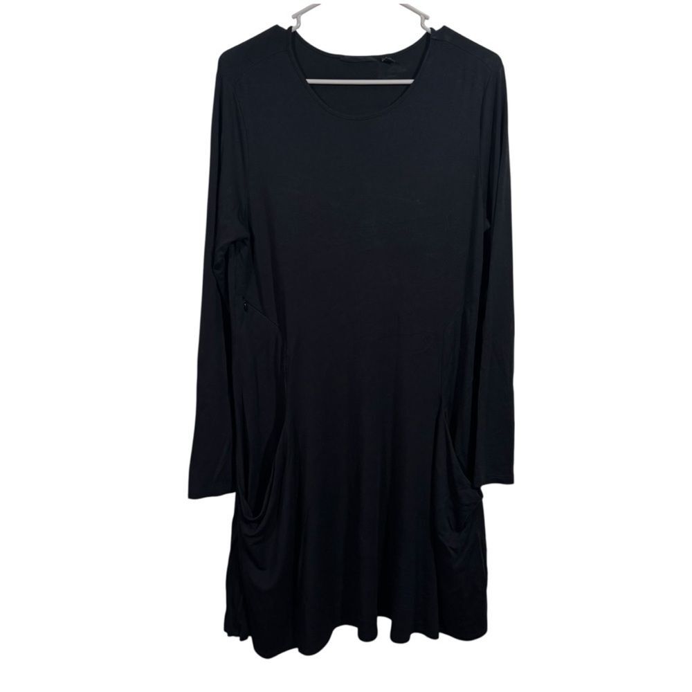 Betabrand Black Long Sleeve Sheath Midi Silk Blend Dress